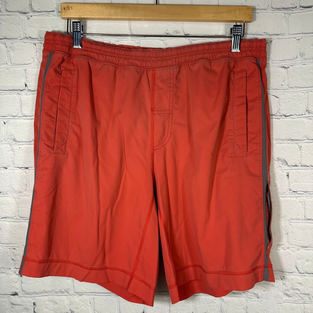 Lululemon Mens Athletic Shorts Orange Striped Zipper Pocket Elastic Waist Size L